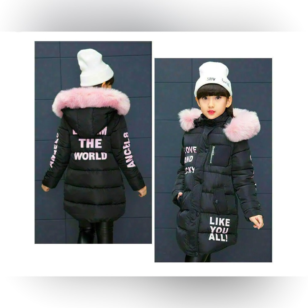 Winter girls gift thick coat kids hooded padded thick parka long fur warm jacket